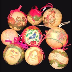 Vintage Christmas Ornaments Set Of 9 Hand-Painted Wooden Baubles Festive